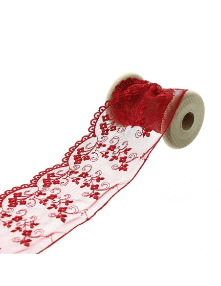 Geborduurd kant op tule - Rood