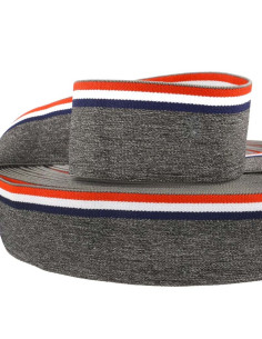 Elastiek met fantasie strepen in drie kleuren op gemêleerde grijze achtergrond 45 mm