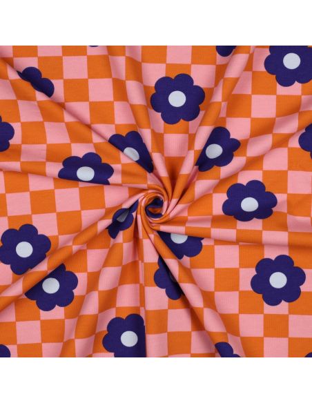 Lichte sweatstof bloemen - Oranje