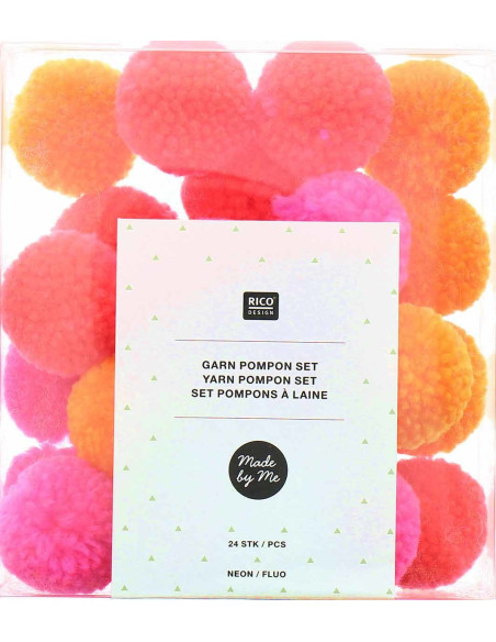 Set van 24 wollen pompons - Fluor