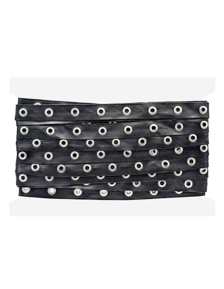 Zwart imitatieleer lint met zilverkleurige oogjes – 20 mm