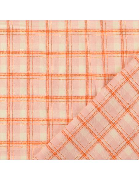 Schotse tartan flanel stof - Lichtroze met oranje strepen
