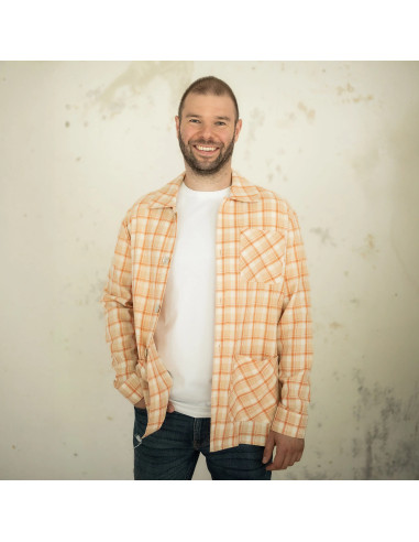 Schotse tartan flanel stof - Beige met oranje strepen