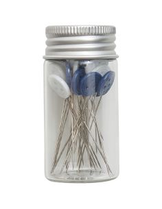 Glazen buis met 30 spelden met plastic kop - Collectie blauwe bloemen 2