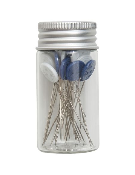 Glazen buis met 30 spelden met plastic kop - Collectie blauwe bloemen
