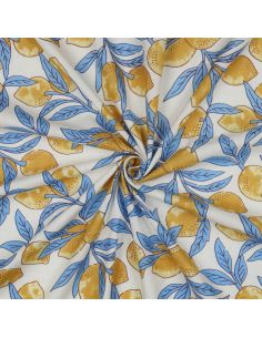 Indiase katoenen stof block print Citroenen - Blauwe bladeren