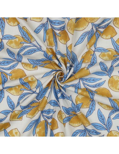 Indiase katoenen stof block print Citroenen - Blauwe bladeren