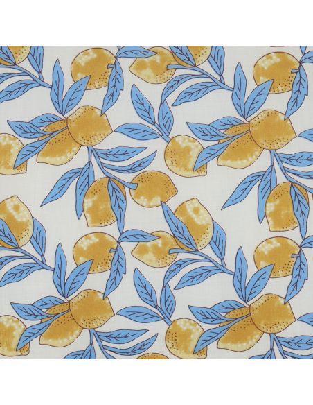 Indiase katoenen stof block print Citroenen - Blauwe bladeren