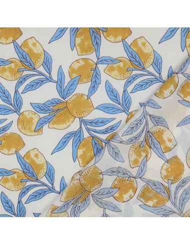 Indiase katoenen stof block print Citroenen - Blauwe bladeren