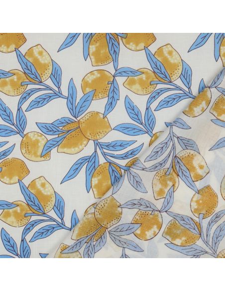 Indiase katoenen stof block print Citroenen - Blauwe bladeren