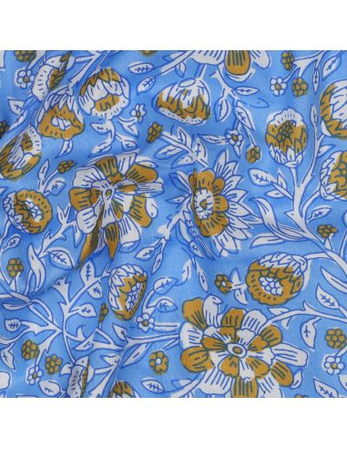 Indiase katoenen stof block print Myrène - Blauw