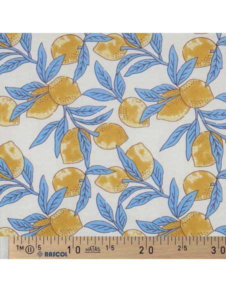 Indiase katoenen stof block print Citroenen - Blauwe bladeren