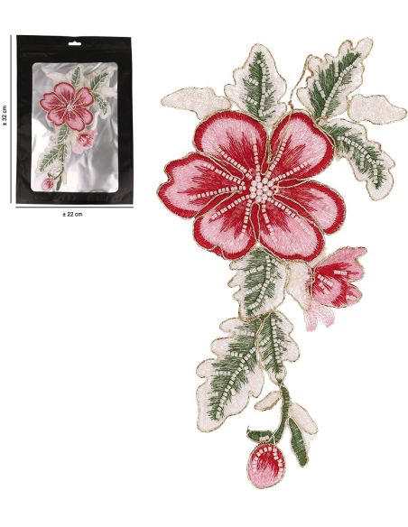 XL bloemenpatch met kralen om op te naaien - Roze en rood