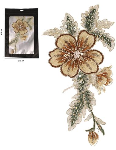 XL bloemenparel patch om op te naaien - Bruin