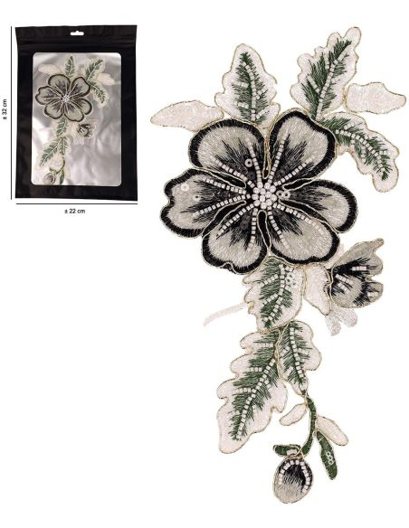 XL naai-embleem met bloemen en parels - Grijs en zwart