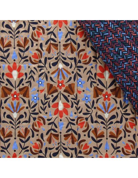 Lafleur gewatteerde katoenen stof - Beige en blauw